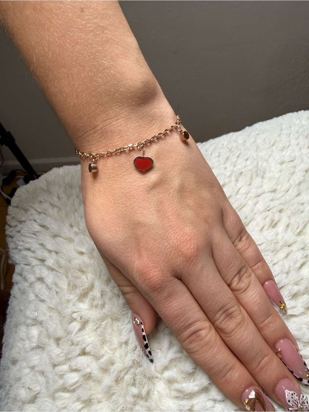 Gold Chain Bracelet with Red Heart Charm - Women's Jewelry